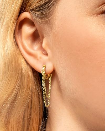 Tassel Chain Small Gold Hoop Dangle Earring For Women Huggie Earring Heart Star CZ 14K Gold Plated Fashion Jewelry Graduation Gift for Her Mothers Day Gifts for Mom - color: Gold-No zircon