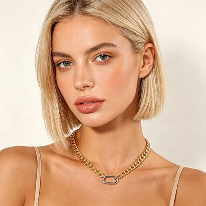 Chunky Gold Necklace Cuban Link Chain Choker for Women Men Gold & Silver Plated Trendy Unisex Statement Necklace Mixed Metal Two Tone Necklace Hip-Hop Punk Unisex Jewelry