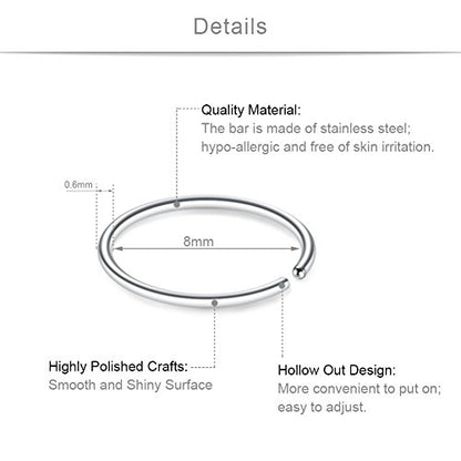 SCERRING 22G Stainless Steel Fake Nose Septum Hoop Rings Lip Helix Cartilage Tragus Ear Ring Piercing 6-10mm - style: 12PCS - 8mm Silver