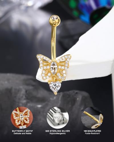 14K Gold Plated Belly Button Rings - 925 Sterling Silver Navel Rings for Women - 14G Belly Piercing Jewelry