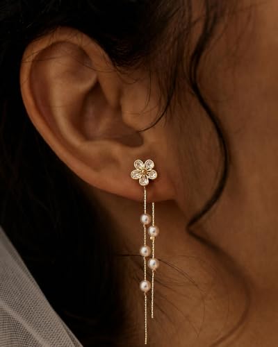 14K Gold Plated/Sterling Silver CZ Pearl Drop Dangle Earrings for Women - color: Gold-Flower Pearl