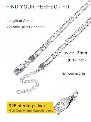 ChainsPro Resizable Anklet Chain for Women Men, Figaro/Wheat/Twist Rope/Cuban Foot Bracelet-Strong with Good Clasp-18K Gold Plated(Send Gift Box) - color: 05:Silver Figaro-3mm