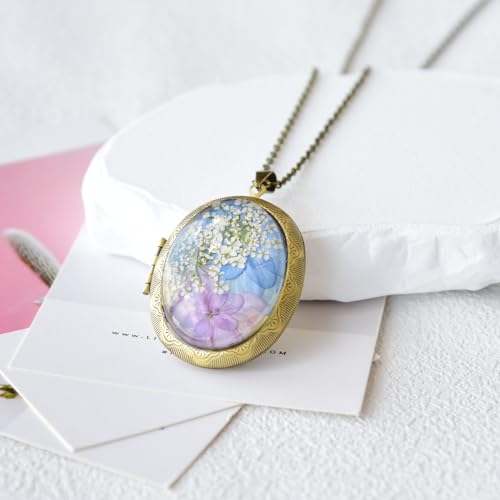 Vintage Photo Locket Necklace Handmade Pressed Flower Locket Necklace for Women - style: Hydrangea(1.53"x 1.85")