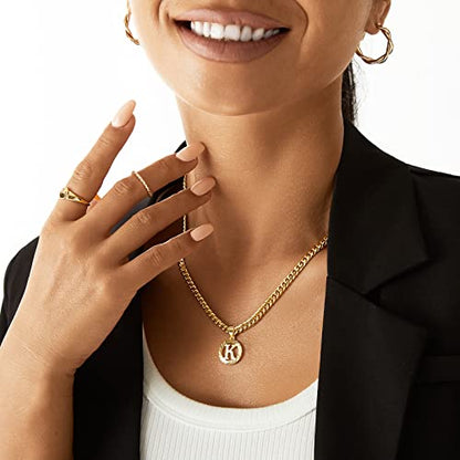 KissYan Initial Pendant Necklaces for Women Men | 14K Gold Filled/White Gold Plated, Hollow Round Letter Capital Monogram Charm with 5mm Cuban Chain, Alphabets from A-Z - color: Gold, style: D