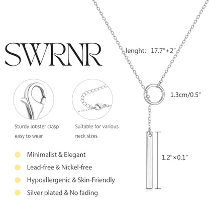 Lariat Necklace for Women, Dainty 14K Gold/Silver Plated Long Necklaces for Women Trendy Simple Layered Y-Shaped Pendant Necklace Adjustable Fashion Jewelry Gift - color: Silver, style: Bar Pendant
