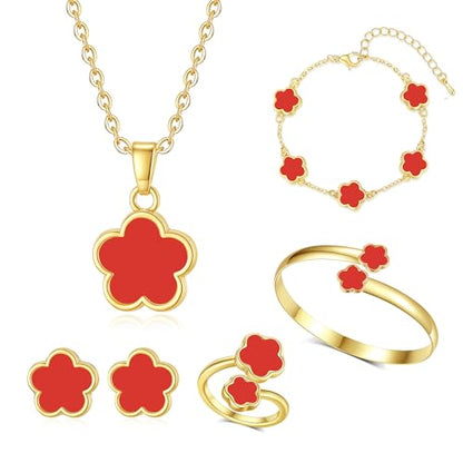 Clover Jewelry Set for Women Non Tarnish Gold-Tone Five Leaf Clover Necklace, Earrings, Ring, Bracelet Fashion Simple Floral Jewelry Set - color: Red