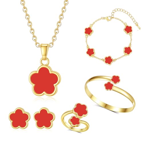 Clover Jewelry Set for Women Non Tarnish Gold-Tone Five Leaf Clover Necklace, Earrings, Ring, Bracelet Fashion Simple Floral Jewelry Set - color: Red