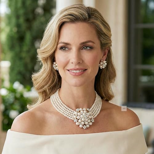 Fashion 21 5 Rows Rhinestone Accented Simulated Floral Pearl Cluster Necklace, Clip on Earring 2 Set - color: Cream