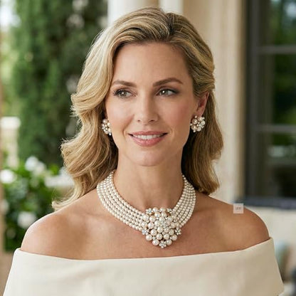 Fashion 21 5 Rows Rhinestone Accented Simulated Floral Pearl Cluster Necklace, Clip on Earring 2 Set - color: Cream