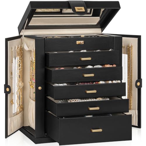AKOZLIN 6-Tier Jewelry Box Organizer Functional 5 Drawers Leather Jewelry Storage Case for Women Girls Ring Necklace Earring Bracelet Holder Organizer with Mirror XL Black 360° Rotating - color: Black, size: XXLarge