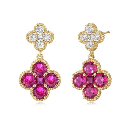 MTMY Dangle Earrings for Women 14K Gold Plated Four Leaf Clover Dangling Drop Birthstone Stud Earrings Trendy Flower Birthstone Jewelry Birthday Gifts - style: Jul.-Ruby