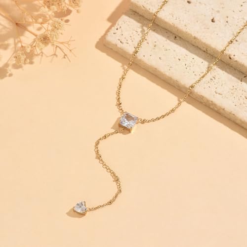 Dainty Y-Shaped Lariat CZ Drop Charm Pendant Necklaces for Women - color: Square-CZ-GD