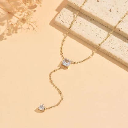 Dainty Y-Shaped Lariat CZ Drop Charm Pendant Necklaces for Women - color: Square-CZ-GD