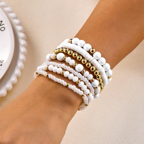 FORUBUS 7Pcs Bohemian Multilayer Stackable Beaded Bracelets Set for Women, Crystal Glass Gold CCB Beads Stretch Bracelet Pack, Summer Beach Boho Jewelry Vacation Gifts - color: White
