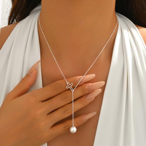 925 Sterling Silver Cross Pearl Lariat Necklace for Women | Y-Shaped Pearl Drop Necklace Adjustable Hollow Cross Pearl Necklace Faith Baptism Birthday Jewelry Gift for Mother Daughter - color: Silver