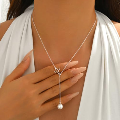 925 Sterling Silver Cross Pearl Lariat Necklace for Women | Y-Shaped Pearl Drop Necklace Adjustable Hollow Cross Pearl Necklace Faith Baptism Birthday Jewelry Gift for Mother Daughter - color: Silver