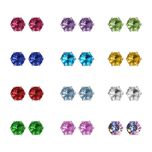 12 Pairs Stainless Steel CZ Stud Earrings for Women, Brilliant Cut Round Cubic Zirconia Stud Earrings, Birthstone Stud Earrings Set - size: 4MM