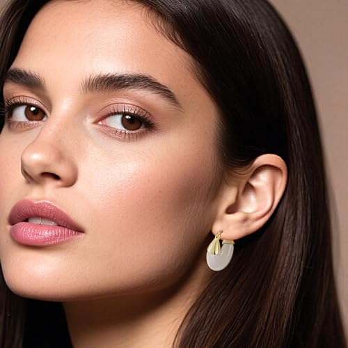 LAXPICOL Gold Chunky Dangle Earrings For Women Resin Stone Earrings Hoop Earrings, 18k Plated Oval Resin Stone Statement Earrings for Women Unique Dangling Teardrop Baroque Huggies Hoop Earrings - color: white-Teardrop 2