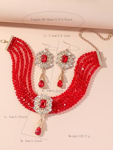 Missgrace Women Silver Black Green Red Rhinestone Crystal Tassels Bridal Necklace Earrings Sets Teardrop Necklace Dangle Earrings Set for Wedding Brides Bridesmaid - color: Red