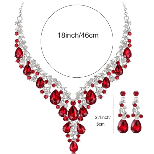 Bridal Bridesmaid Austrian Crystal Jewelry Set, Floarl rhinestone Statement Neckace Teardrop Necklace Drop Dangle Earrings Set - color: Red-Silver Tone