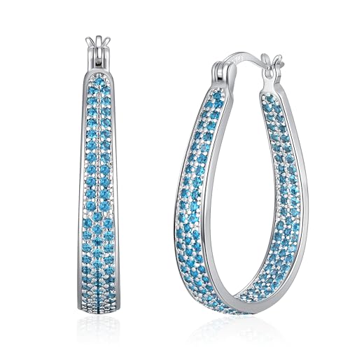 925 Sterling Silver Post Hoop Earrings for Women Gilrs Multcolors Cubic Zircon Hoops 14K Gold Plated Oval Chunky Hoop Earrings Jewelry Gift for Mothers Day/July 4th/Wedding/Party/Christmas - color: Light Blue
