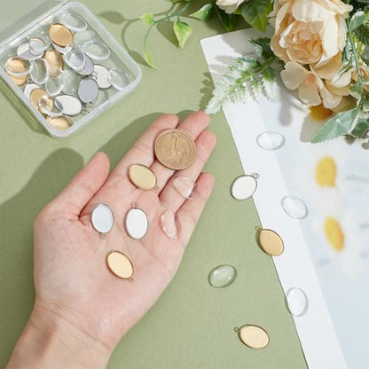 PH PandaHall 40pcs 304 Stainless Steel Pendant Tray Kit, 20pcs Oval Pendant Blank Bezel 20pcs 18x13mm Glass Clear Cabochon Dome Photo Pendants for Necklace Wedding Bouquet Graduation Photo Charm, 2 Colors