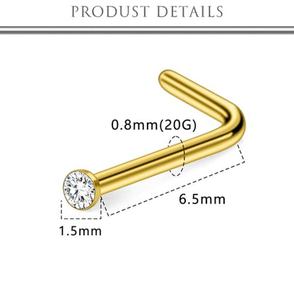 Hoeudjo Nose Studs Surgical Steel Cubic Zirconia Nose Rings Kit for Women Men Tiny Nose Stud Bone & Screw & L Shaped Nostril Piercing Jewelry 18/20/22/24 Gauge 10 Pieces - color: gold-tone,L-shaped nose studs, size: 20g/1.5mm clear CZ