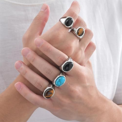 HIJONES Unisex Stainless Steel Oval Agate Gemstone Inlaid Silver Plated Signet Ring Solid Glossy Wedding Band - color: Brown Stone