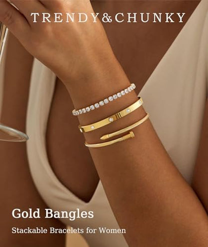 ZOERAY Silver Gold Bangle Bracelets for Women Non Tarnish 14k Gold Plated Stackable Cuff Bracelets for Women Trendy Cubic Zirconia Stainless Steel Chunky Bracelet Stack Set Waterproof Jewelry Gifts - color: B.Tennis-Gold