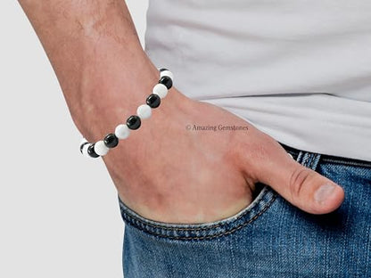 Amazing Gemstone Black Tourmaline Selenite Crystal Bracelet for Women Men's Gifts - Protection Healing Crystal Bracelet - 8mm Gemstone Beaded Stretchable Bracelet Pulseras Para Hombres Mujer Stocking Stuffers Mothers Day Gift - color: Black Tourmaline Sel