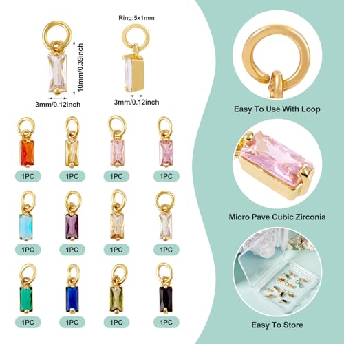Pandahall 12Pcs 18K Gold Plated Rectangle Charms Cubic Zirconia Birthstone Charms Brass Crystal CZ Stone Pendants with Jump Ring for Jewelry Making Necklace Bracelet Earring