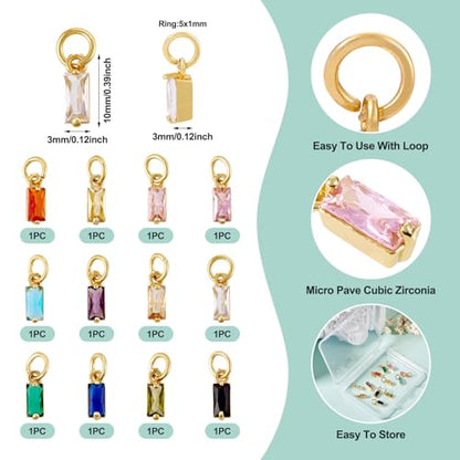 Pandahall 12Pcs 18K Gold Plated Rectangle Charms Cubic Zirconia Birthstone Charms Brass Crystal CZ Stone Pendants with Jump Ring for Jewelry Making Necklace Bracelet Earring