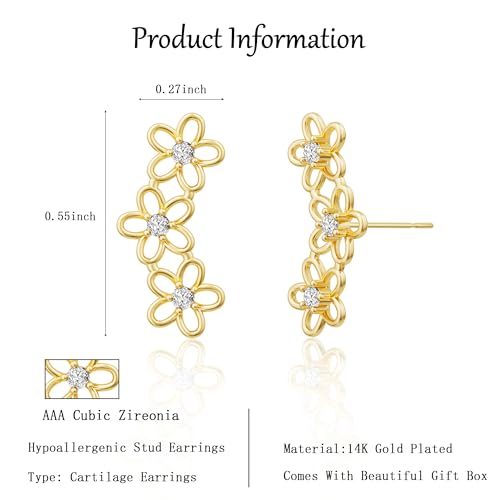 Robaice Cartilage Climber Earrings for Women，14K Gold Plated Helix Stud | Trendy Cluster Earrings, CZ Stud Earring, Tragus Conch Daith Piercing, Ear Crawer,Hypoallergenic Jewelry Gift for Women - color: G-Gold Flower
