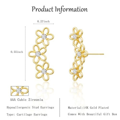 Robaice Cartilage Climber Earrings for Women，14K Gold Plated Helix Stud | Trendy Cluster Earrings, CZ Stud Earring, Tragus Conch Daith Piercing, Ear Crawer,Hypoallergenic Jewelry Gift for Women - color: G-Gold Flower