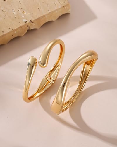 2pcs Gold Bangle Bracelets for Women, Trendy Hinged Cuff Open Wide Chunky Gold Bracelet Stack Arm Cuff Jewelry for Women - color: Bracelet Stack