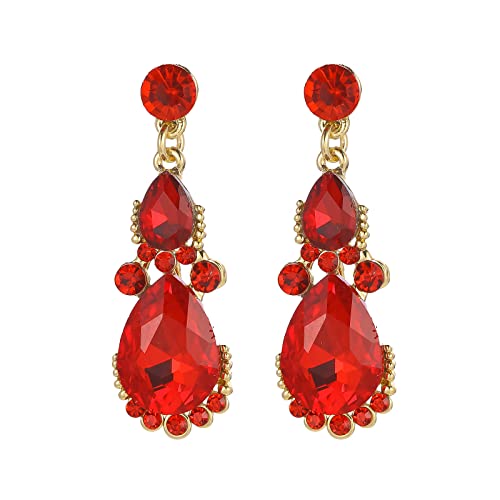 Women's Wedding Bridal Austrian Crystal Glass Teardrop Statement Necklace Dangle Earrings Bracelet Ring Wedding Party Jewelry Set for Bridal Bridesmaid - color: Red-Gold Plated