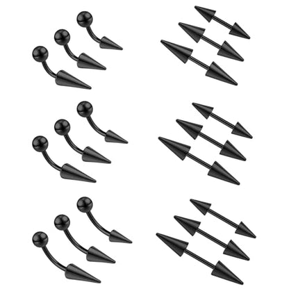 ZS 18Pcs Spike Eyebrow Piercing Jewelry, 16G Curved Barbell Vertical Labret Lip Rings, Spike Tragus Helix Earrings Rook Nose Bridge Rings for Women Men - color: A:Black,straight+curved barbell
