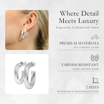 Small Gold Hoop Earrings for Women | 18K Gold Plated Non Tarnish Hoops, Classic Polished Huggie Earrings, 925 Sterling Silver Base, Twist Hoop. (4x20mm & 4x25mm, 3x15mm & 3x20mm) - color: Silver, size: Twist Hoop (4x20mm & 4x25mm)
