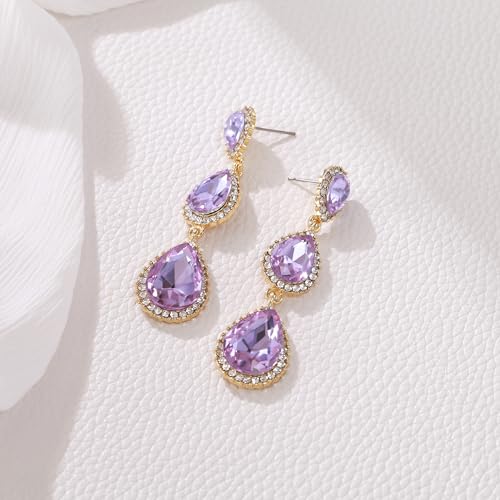 EleQueen Women's Crystal Teardrop Pear Shape 2.5 Inch Long Earrings | Dangle Earrings for Women, TearDrop Crystals Earrings for Bride Bridesmaid, Prom Jewelry for Wedding - color: LIght Purple Gold-Tone