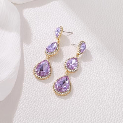 EleQueen Women's Crystal Teardrop Pear Shape 2.5 Inch Long Earrings | Dangle Earrings for Women, TearDrop Crystals Earrings for Bride Bridesmaid, Prom Jewelry for Wedding - color: LIght Purple Gold-Tone