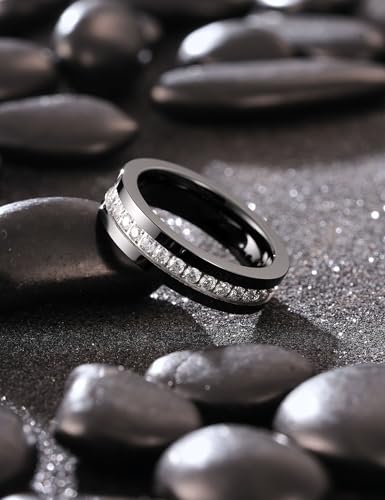 King Will Mens Tungsten Wedding Band with Cubic Zircon Inlay 7mm/8mm Flat Cut Comfort Fit Engagement Rings - color: Black&White-6mm-B
