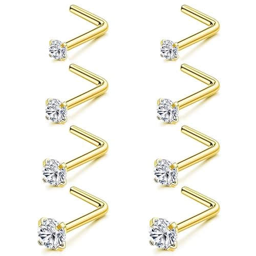 8Pcs Nose Rings Studs Set for Women Men: Hypoallergenic G23 Titanium/316L Surgical Stainless Steel Nose Studs, Nickel-free Lead-free L Shaped Corkscrew Nose Piercing Jewelry CZ 1.5mm 2mm 2.5mm 3mm - style: Titanium 8Pcs 20G L Shaped Gold