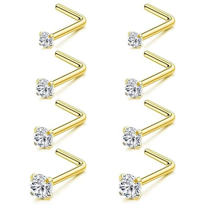 8Pcs Nose Rings Studs Set for Women Men: Hypoallergenic G23 Titanium/316L Surgical Stainless Steel Nose Studs, Nickel-free Lead-free L Shaped Corkscrew Nose Piercing Jewelry CZ 1.5mm 2mm 2.5mm 3mm - style: Titanium 8Pcs 20G L Shaped Gold
