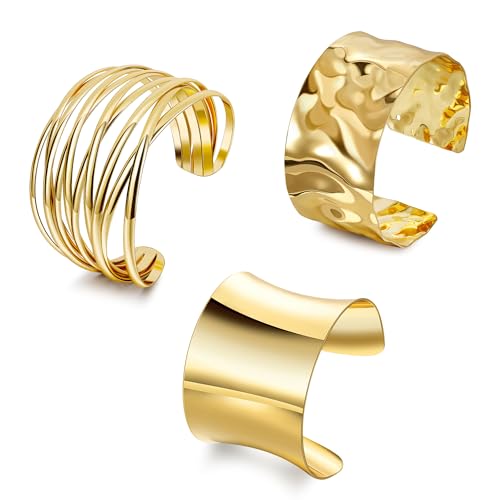3PCS Chunky Cuff Bracelets for Women Irregular Minimalist Statement Bangle Bracelets Set Open Wide Wire Grooved Hammered Bangle Bracelet Gold Sliver Wrist Cuff Wrap Bracelet Adjustable - color: Gold Cuff Bracelets C