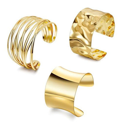 3PCS Chunky Cuff Bracelets for Women Irregular Minimalist Statement Bangle Bracelets Set Open Wide Wire Grooved Hammered Bangle Bracelet Gold Sliver Wrist Cuff Wrap Bracelet Adjustable - color: Gold Cuff Bracelets C