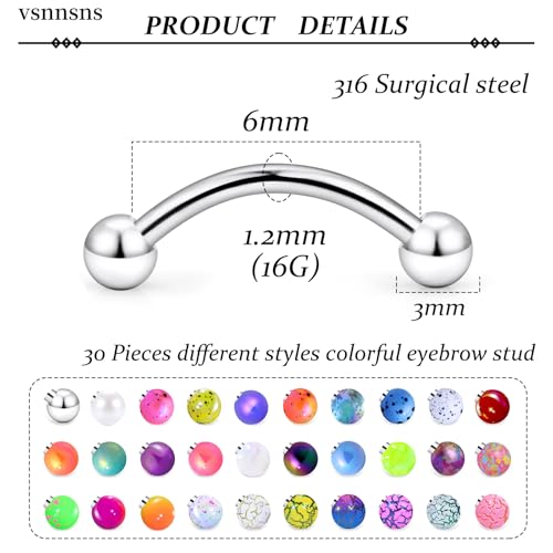 Eyebrow Piercing Jewelry 16G Stainless Surgical Steel Curved Barbell Eyebrow Ring Vertical Labret Lip Jewelry Rook Daith Earrings Piercing Jewelry for Women Men 6mm/8mm/10mm 16 Gauge - color: 6MM-Mix Color
