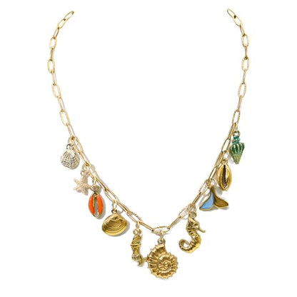 JNF Cute Shell Conch Boho Charm Necklace for Women Sun Moon Star Coin Heart Flower Boot Bow Charms Necklaces Summer Beach Jewelry - color: beach shell Charm necklace