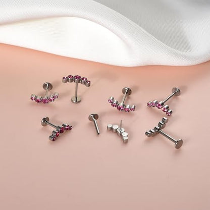 Lantine Threadless Flat Back Stud Earrings Implant Grade F136 titanium Climber Cartilage Earring Lip Labret Medusa Tragus Inner Conch Helix Piercing Jewelry - color: Pink Cz, size: 20g 6mm
