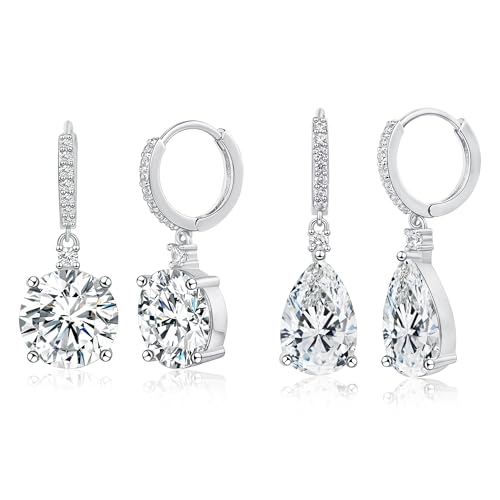 2-4 Pairs Dangle Drop Earrings for Women, 18K Gold Plated Cubic Zirconia Drop Dangle Huggie Hoop Earrings CZ Teardrop Hypoallergenic Jewelry - color: White-2 Pairs-Round/ Teardrop