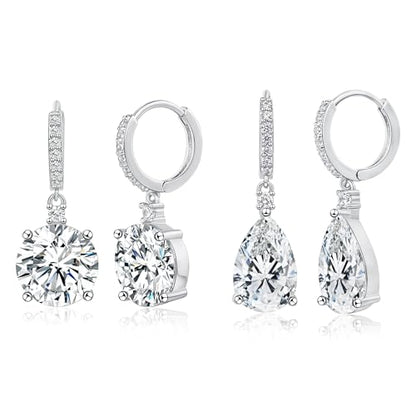 2-4 Pairs Dangle Drop Earrings for Women, 18K Gold Plated Cubic Zirconia Drop Dangle Huggie Hoop Earrings CZ Teardrop Hypoallergenic Jewelry - color: White-2 Pairs-Round/ Teardrop